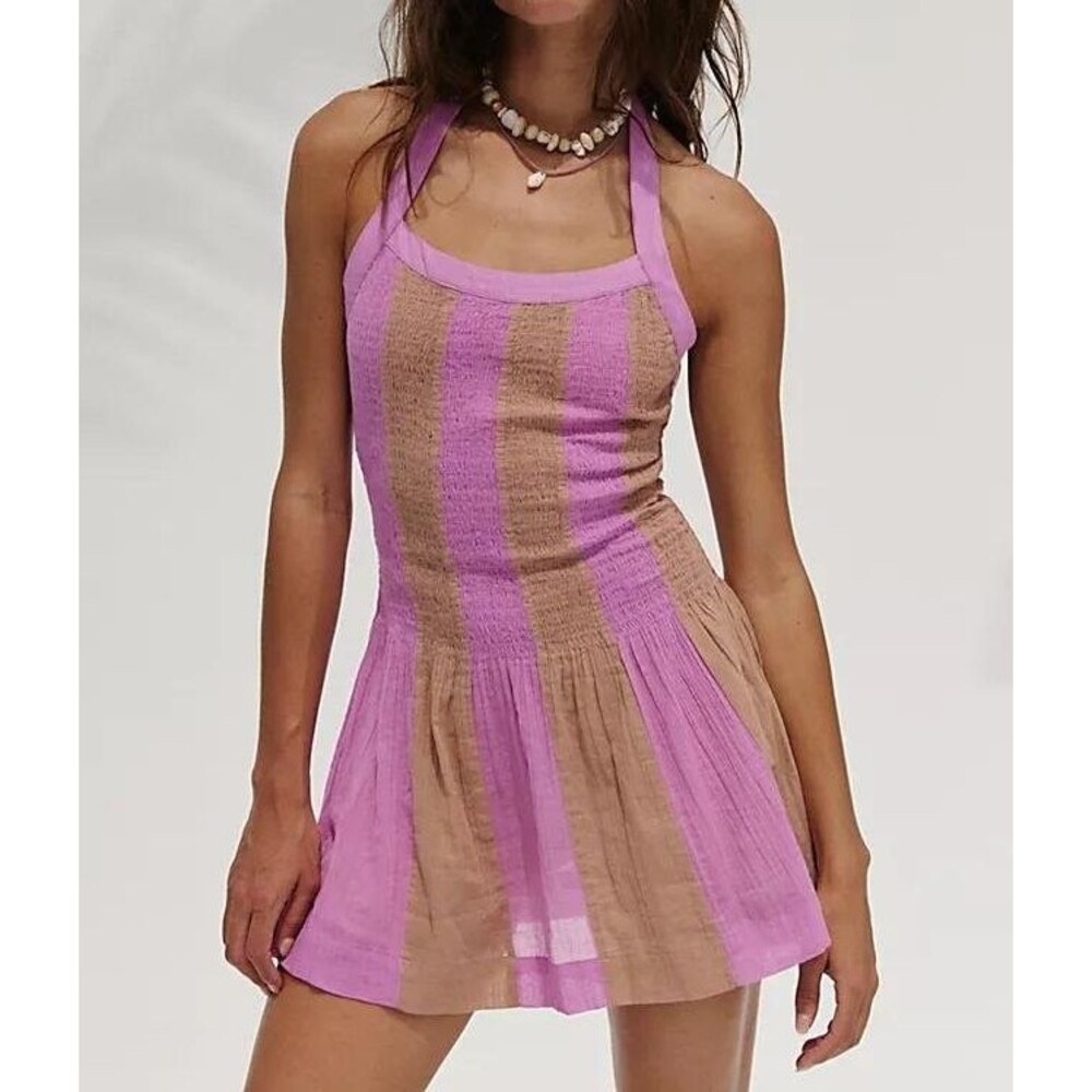 Free People Free-Est Solene Cotton Smocked Mini Dress Halter Striped S 291102